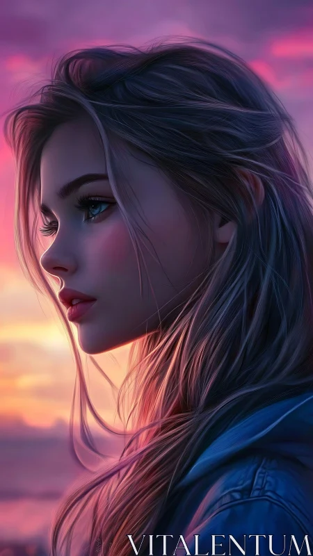 Digital portrait profile of young woman at sunset sky.