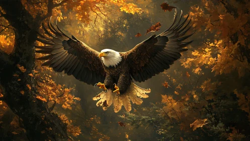 Majestic bald eagle soaring in autumn forest, digital art style.