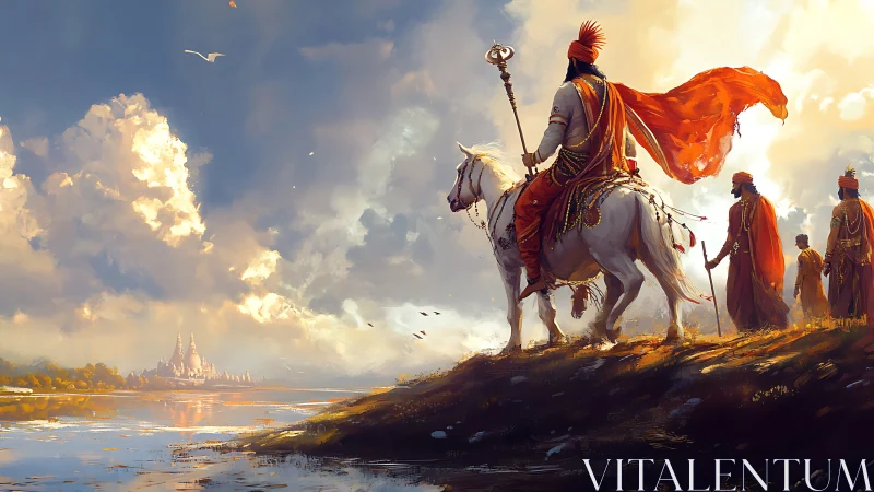 Sunlit king on white steed surveying distant river citadel.