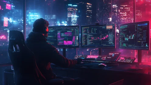 Cyber trader monitors neon city data streams at night.