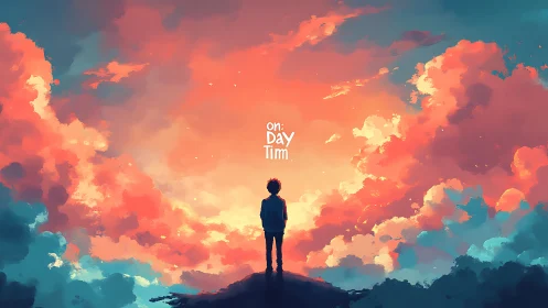 Sunset dreamer stands beneath glowing cotton candy clouds