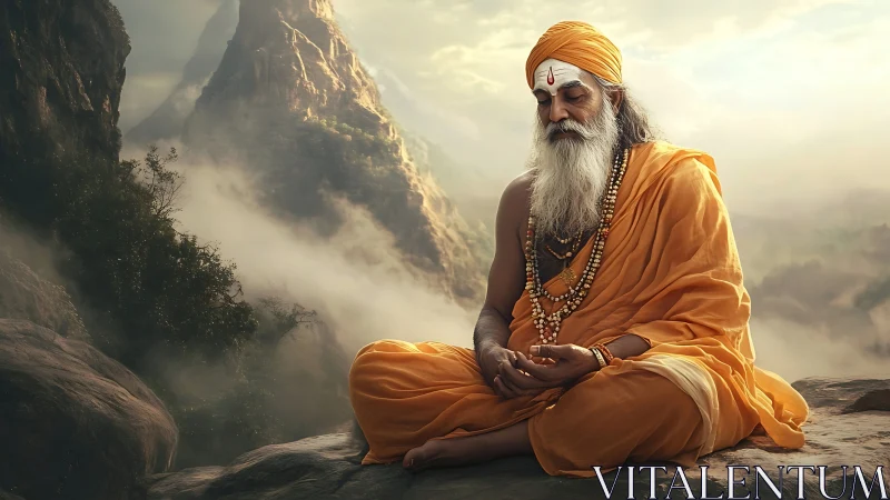 Digital painting of meditative sage in atmospheric mountain vista.