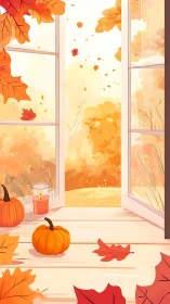 Cozy autumn window with pumpkins, candlelight and leaves.