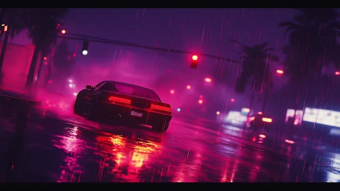 Neon-soaked sports car drifting through cyberpunk rainstorm.