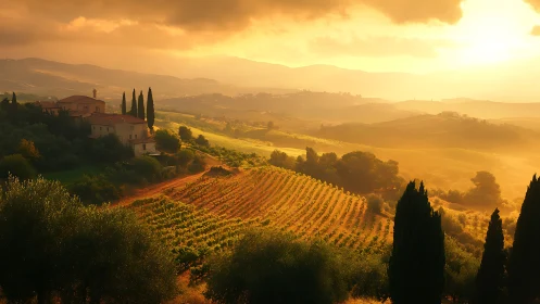 Golden vineyard hills glow beneath a luminous Tuscan sunset.