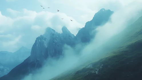 Misty alpine ridgeline under soft blue morning light.