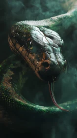 Digital render depicts detailed snake head in dense mist