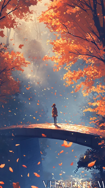 Solitary figure on arched bridge in dense autumn forest.