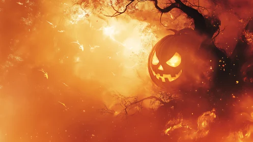 Fiery spectral jack o lantern emerging from twisted tree canopy