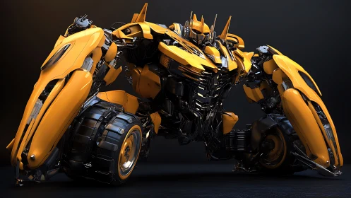 Armored yellow mecha crouches in hybrid vehicle combat stance