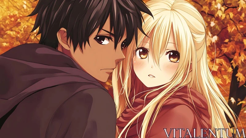 Autumn anime couple share a tender, uncertain quiet moment
