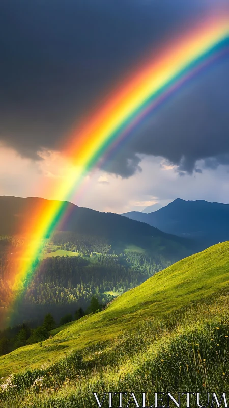 Spectral rainbow over sunlit alpine valley under storm clouds
