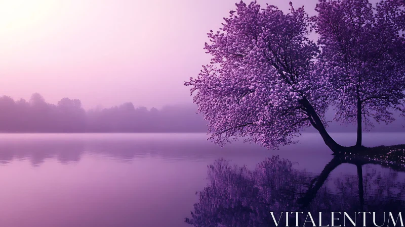 Purple blossom tree mirrored on calm misty lakeside.
