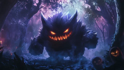 Large spectral creature advances through dense nocturnal forest