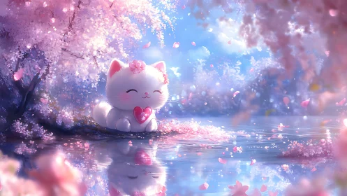 White cartoon cat holds pink heart beside reflective lake