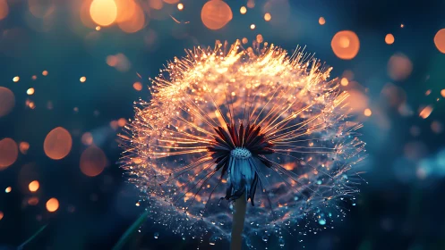 Glowing dandelion clock sparkles gently in a dreamy twilight