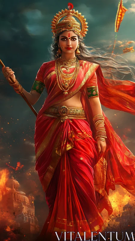Mythic warrior goddess in hyperreal flame-lit digital regalia.