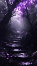 Moonlit path winding through a softly glowing purple forest.