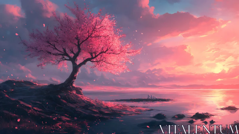 Solitary blossom tree silhouettes against iridescent sunset sky