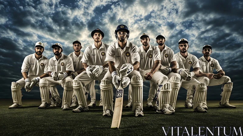 Cricket team portrait under dramatic cloudy evening sky.