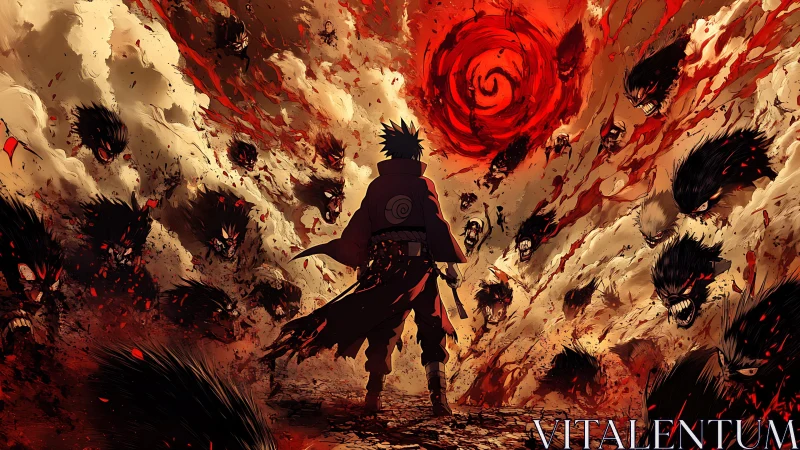 Cloaked figure facing vortex amid lunging shadow creatures.