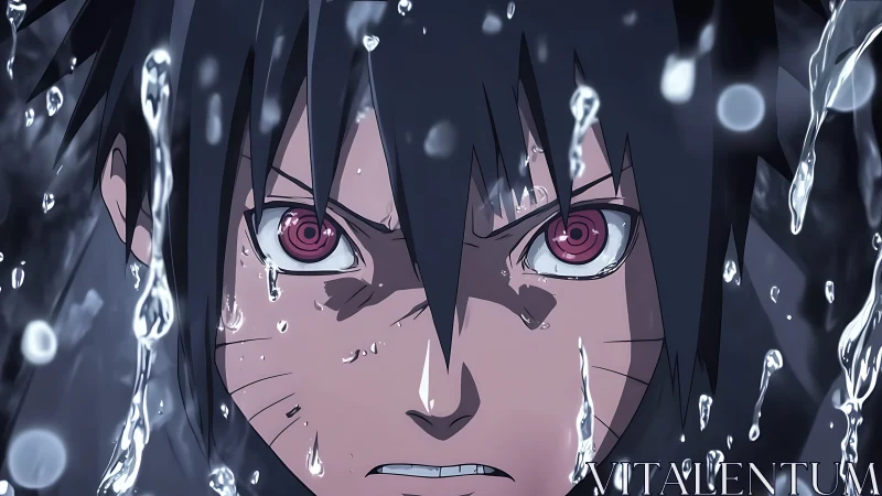 Storm-lit gaze carves fury through cascading silver rain