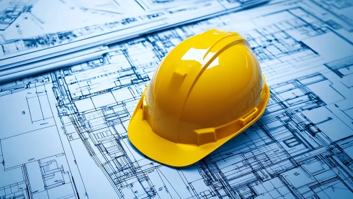 Yellow Hard Hat Rests on Construction Blueprints and Plans