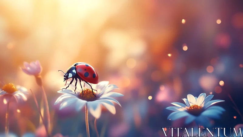 Digital painting of ladybird on daisies with bokeh atmosphere.