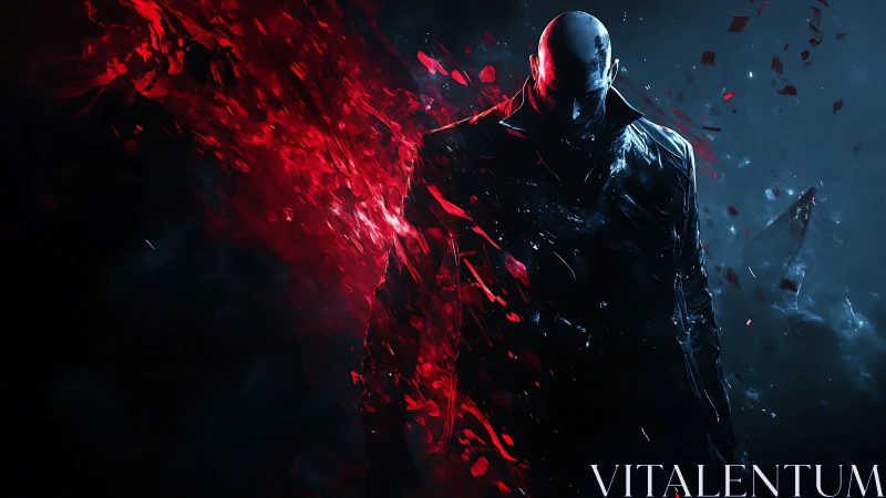 Cybernetic antihero framed by explosive red shards.