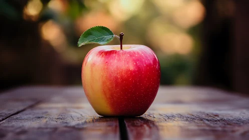 Red and yellow apple on rustic wooden table outdoors.