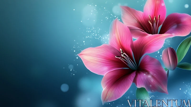 Magenta Blooms Dance Through Luminous Turquoise Reverie