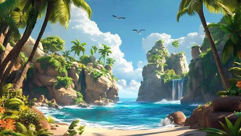 Tropical Paradise Cove with Soaring Dragons and Golden Cliffs.