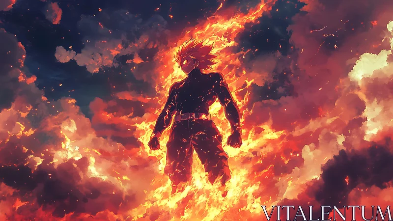 Fiery anime warrior stands engulfed in dense burning clouds