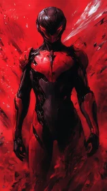 Crimson void sentinel strides through a storm of shattered light.