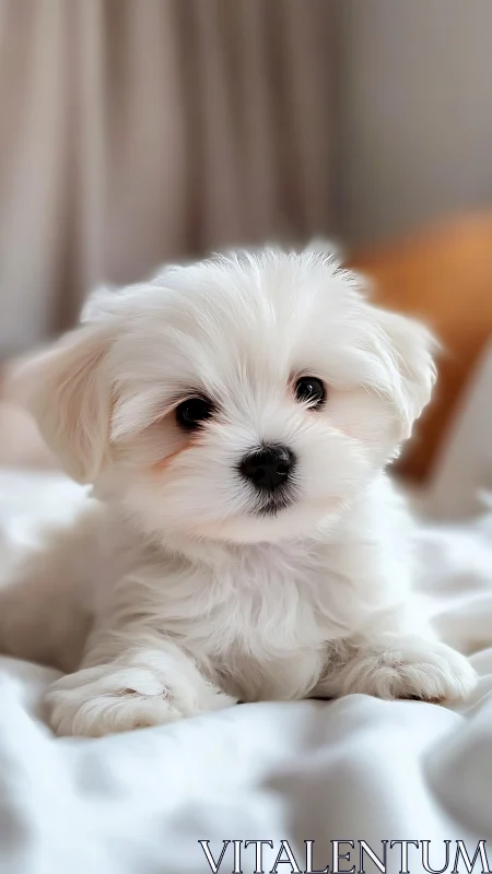 Snowflake puppy gazes softly from a sunlit, cozy pillow fort.