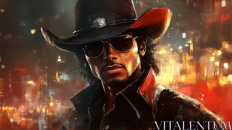 Urban cowboy draped in neon light and cinematic swagger.