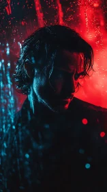 Moody neon portrait captures a brooding man in rain-soaked light