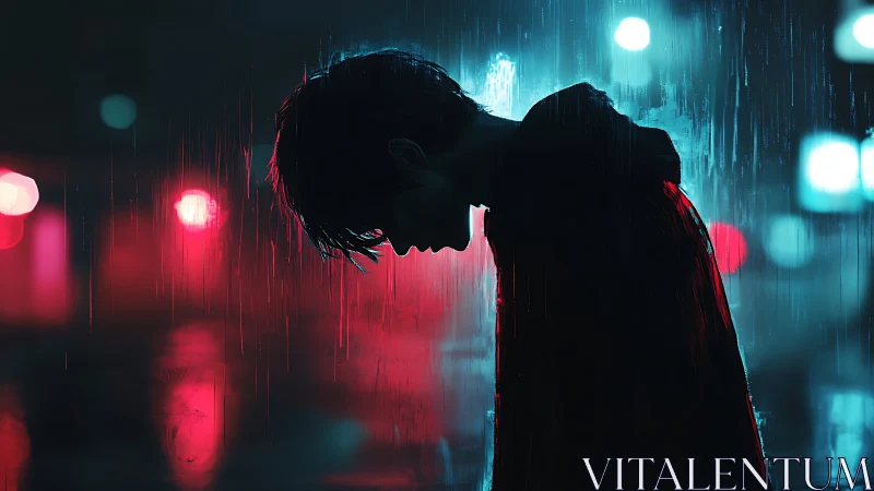 Silhouetted figure stands in neon rain, lost in reflection