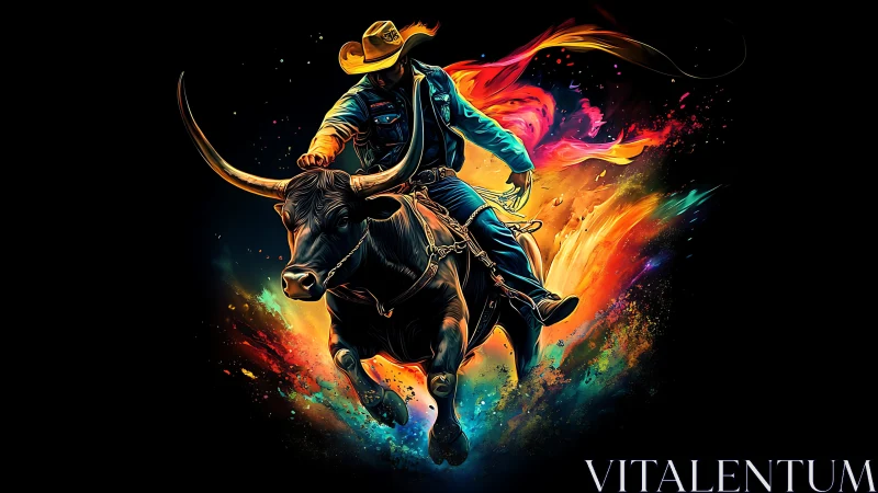Rodeo bull rider in neon stylized motion depiction.