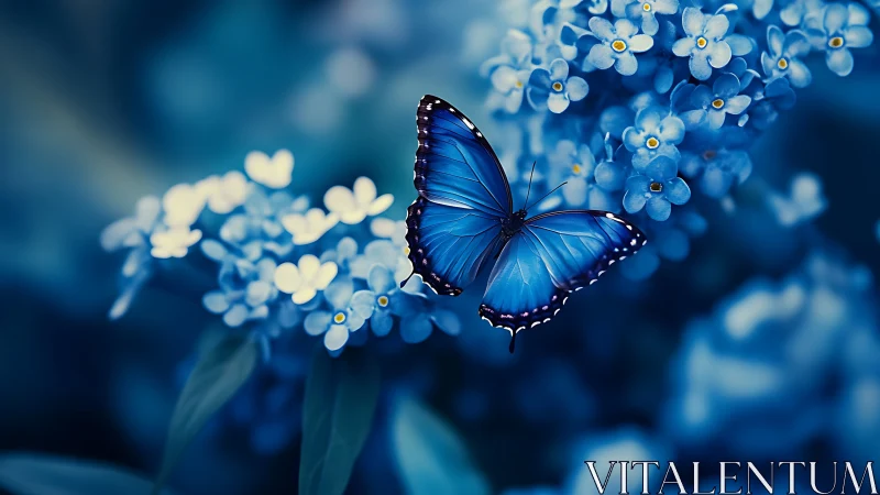 Gentle blue butterfly rests softly among glowing garden blooms