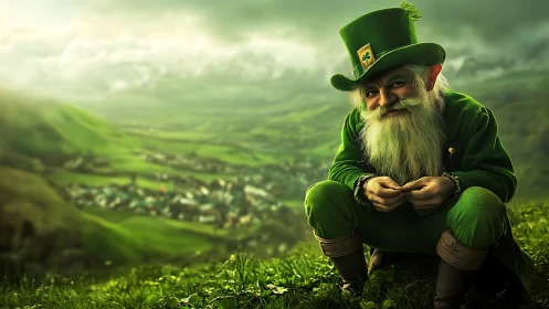 Leprechaun portrait on emerald hillside overlooking valley.