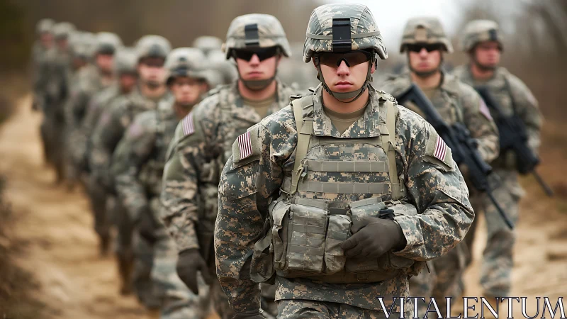 Focused soldiers walking in step along a quiet dirt trail.