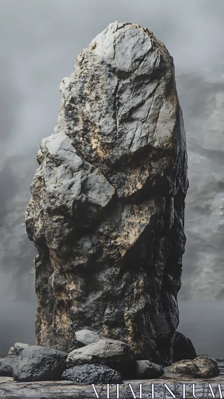 Tall weathered rock monolith in misty coastal landscape.