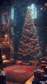 Starlit Christmas tree turns a grand library into winter magic