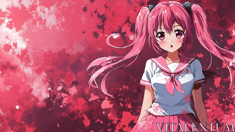Pink haired schoolgirl stands against abstract red splashes