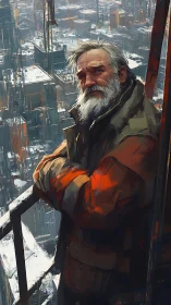 Older man on high balcony above dense winter cityscape.