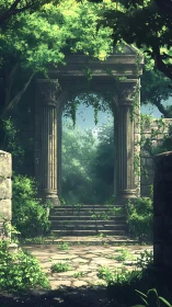 Sunlit ruined archway frames lush hidden forest passage