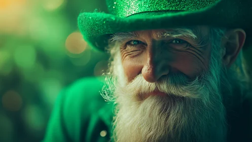 Elderly bearded man in green glitter hat, soft bokeh light.