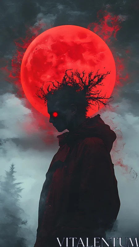 Silhouetted figure under blood red moon with glowing eyes.