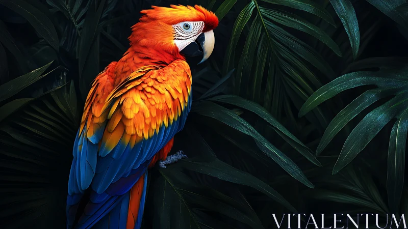 Vibrant Scarlet Macaw Perched Amid Lush Jungle Foliage, Realistic Style.